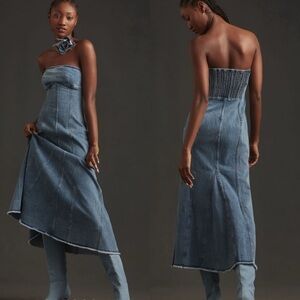 Anthropologie Pilcro Icon Fluted Strapless Denim Midi Dress Smocked Back Large
